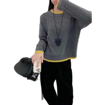 Damen Strickpullover Weich Kontrastbündchen