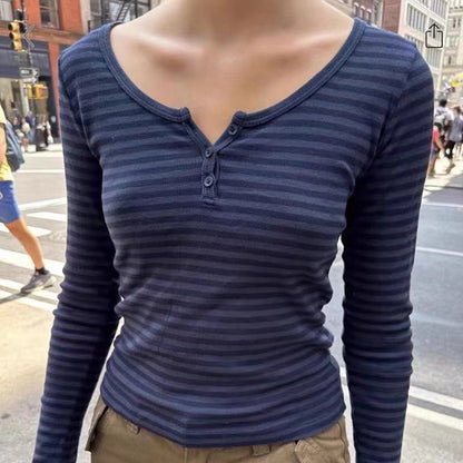 Damen Langarm Henley-Shirt Feinestreifen Eveloria - Eveloria
