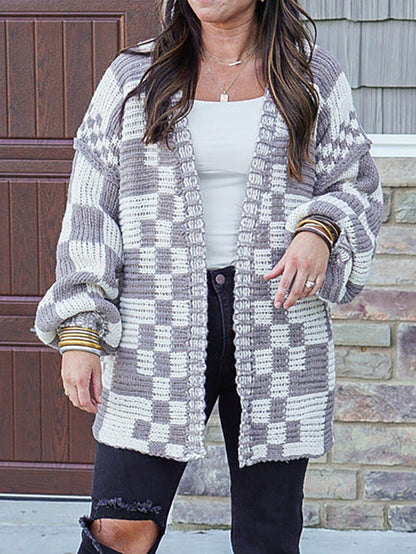 Damen Strickjacke Karomuster Weite Ärmel Beige Eveloria