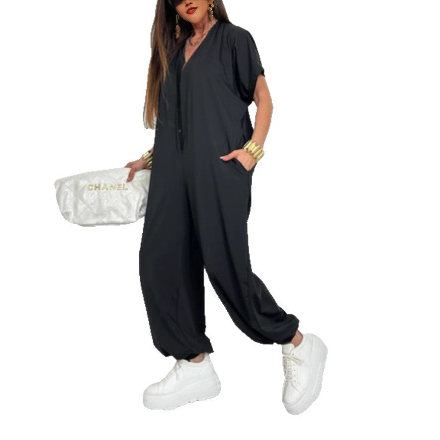 Damen Jumpsuit Oversized Leopardenmuster mit Taschen