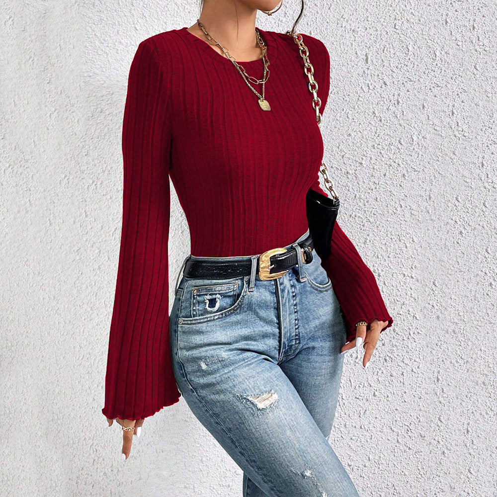Damen Langarmshirt Rippdesign Ausgestellte Ärmel Elegant