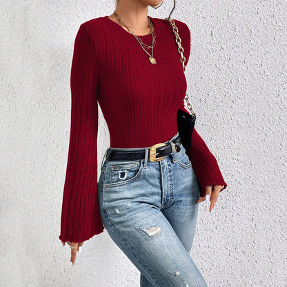 Damen Langarmshirt Rippdesign Ausgestellte Ärmel Elegant