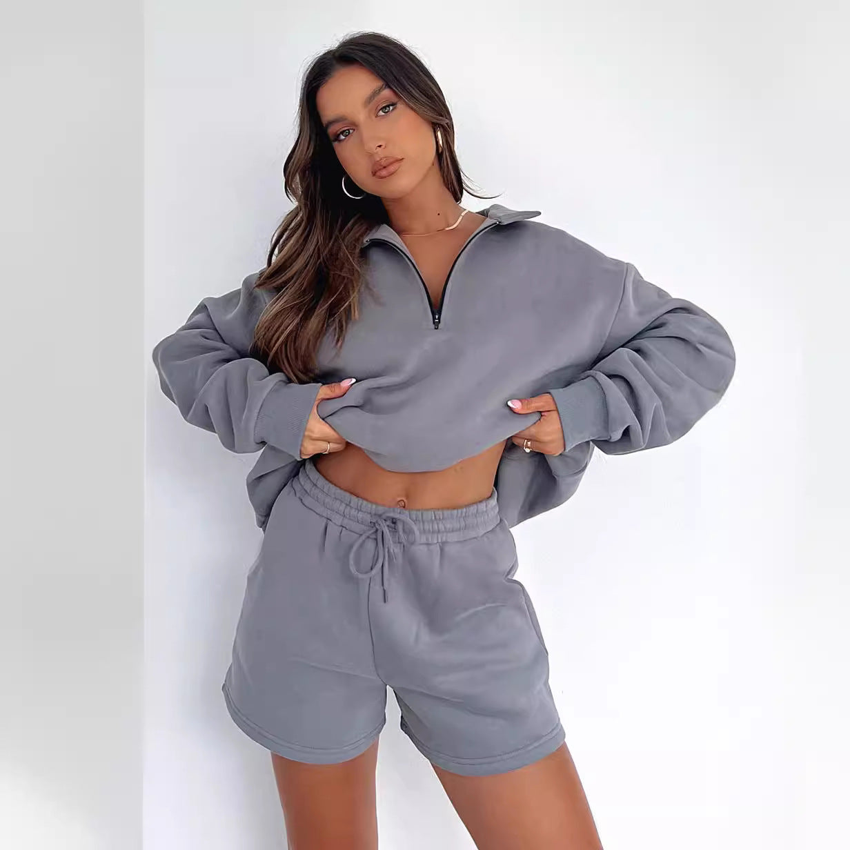 Damen Sweatpullover Kurzhose Reißverschluss Grau