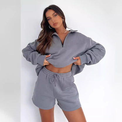 Damen Sweatpullover Kurzhose Reißverschluss Grau