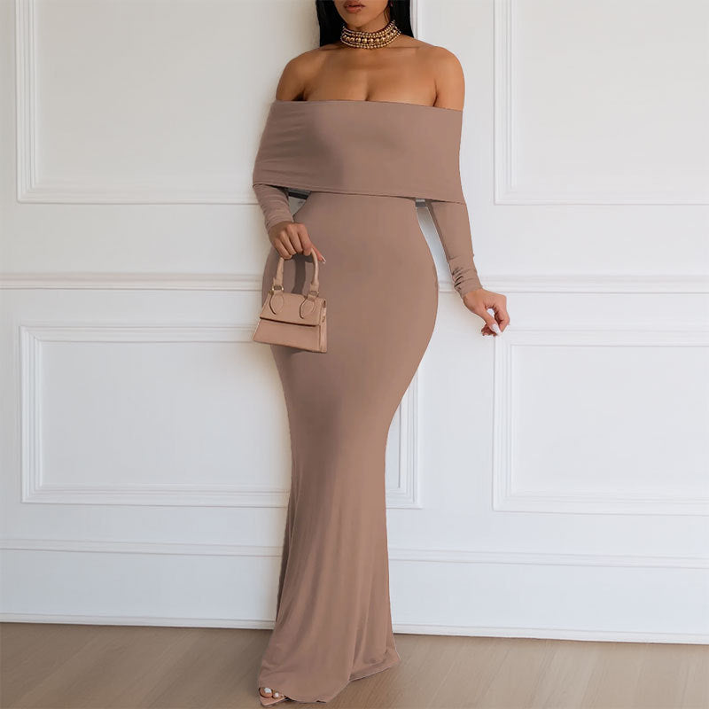 Damen Maxikleid Schulterfrei Langärmlig Eveloria