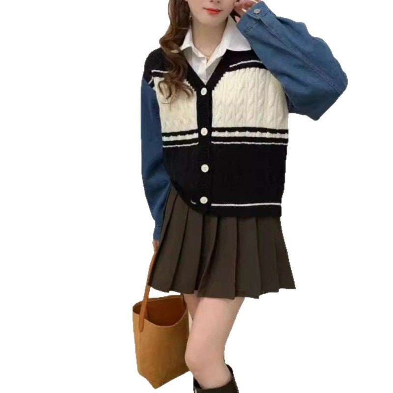 Damen Strickjacke mit Denim-Ärmeln Blau Eveloria