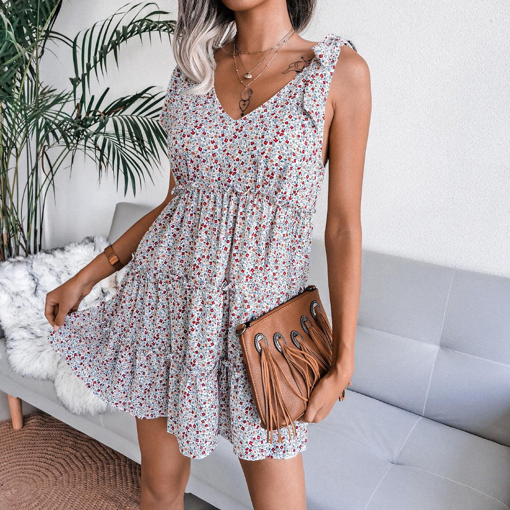 Damen Sommerkleid V-Ausschnitt Rüschendetails Luftig Eveloria