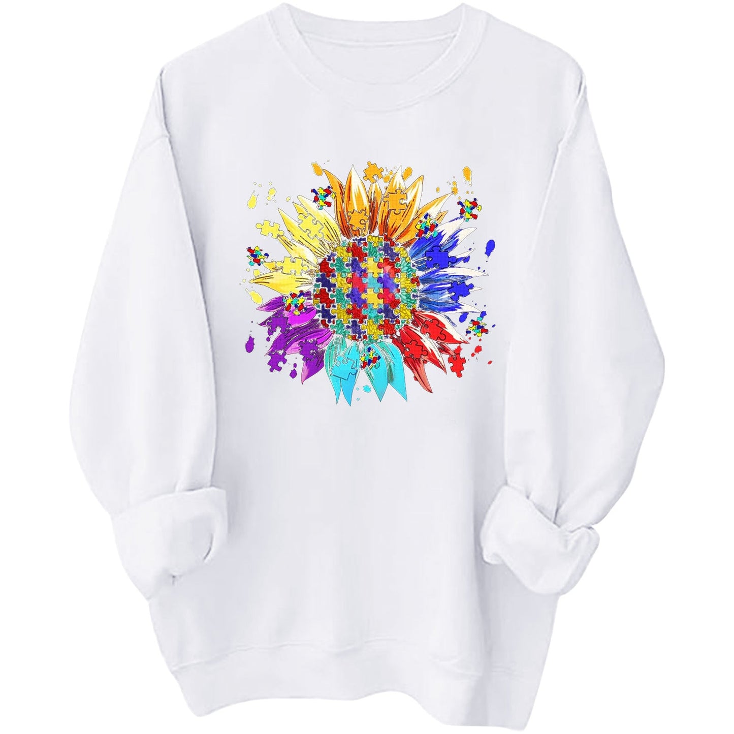 Damen Sweatshirt Puzzle-Blumenmotiv Baumwolle Bequem