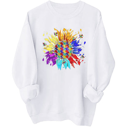 Damen Sweatshirt Puzzle-Blumenmotiv Baumwolle Bequem