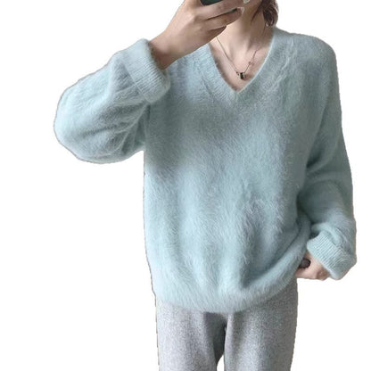 Damen Pullover V-Ausschnitt Weiches Material Flauschig Beige