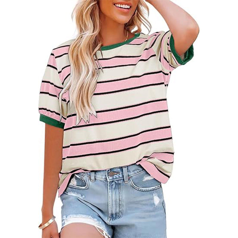 Damen T-Shirt Gestreift Rundhals Baumwolle Weiß/