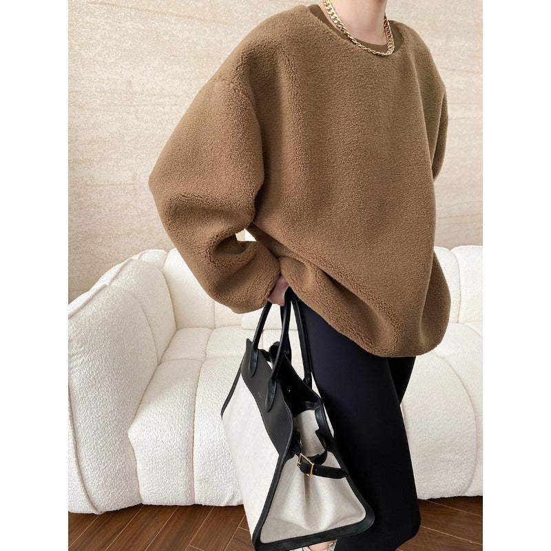 Damen Fleece-Pullover Weiter Schnitt Bequem Grau Eveloria