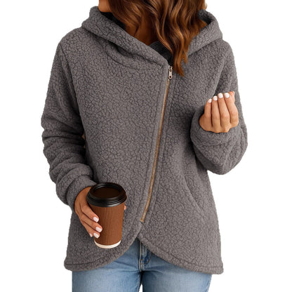 Damen Fleecejacke Asymmetrischer Reißverschluss Kapuze