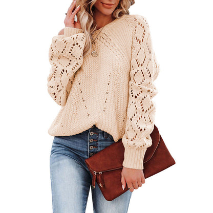 Damen Strickpullover Voluminöse Ärmel Lochmuster Eveloria