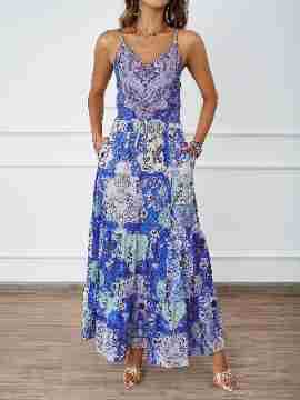 Damen Maxikleid Floralmuster Seitentaschen Eveloria
