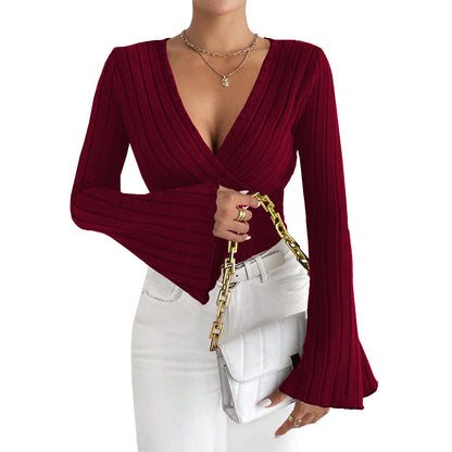Damen Langarmshirt Wickel-Design Voluminöse Ärmel Eveloria