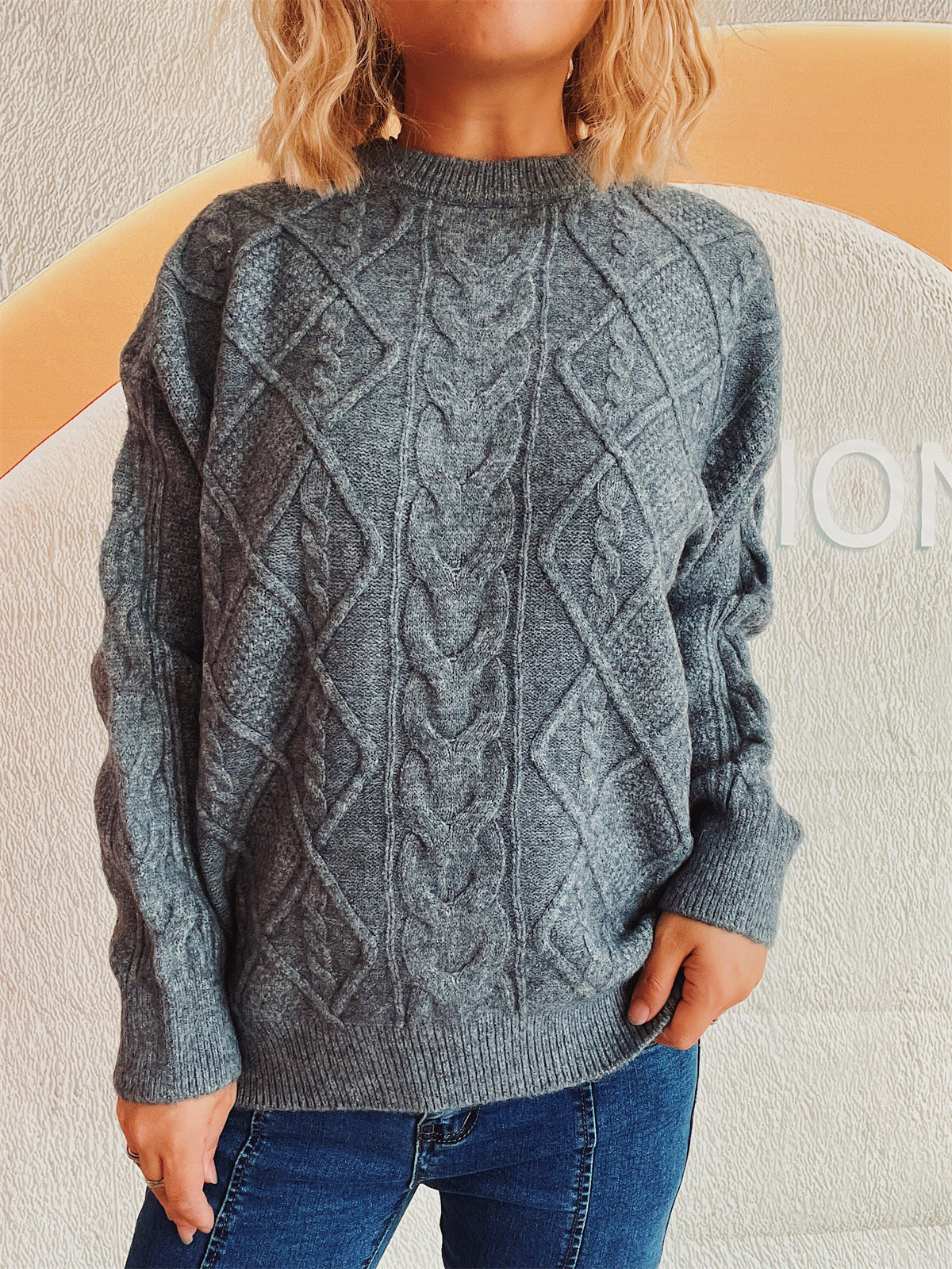 Damen Strickpullover Grobstruktur Zopf-Design Eveloria