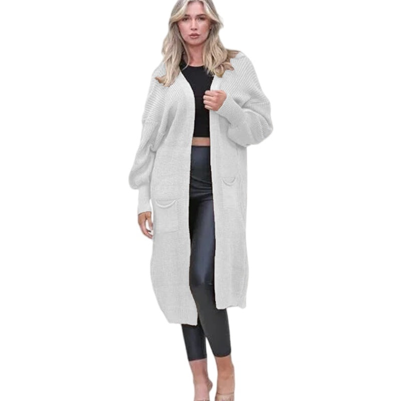 Damen Cardigan Grobstrick Offene Taschen Lässig Beige