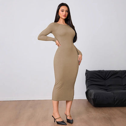 Damen Midi-Kleid Rundhalsausschnitt Länge Ärmel Eveloria