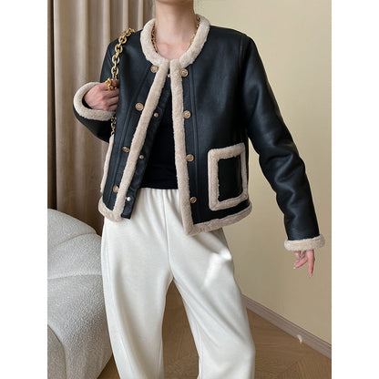 Damen Kunstlederjacke Kuscheliges Futter Eveloria