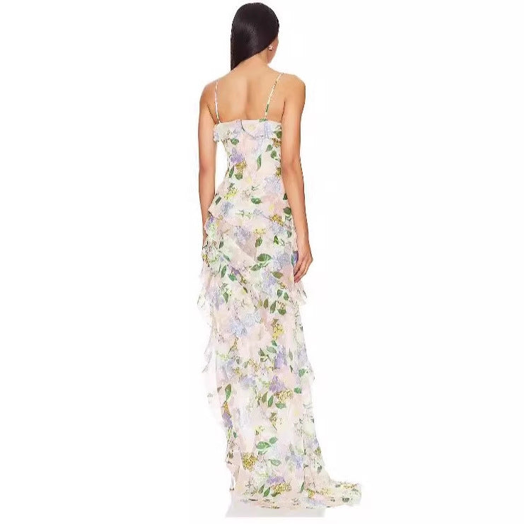 Damen Maxikleid Rüschen Floralmuster Tiefbeinschlitz
