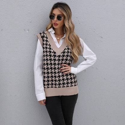 Damen Strickpullover V-Ausschnitt Hahnentrittmuster Eveloria