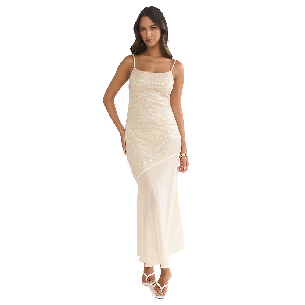 Damen Maxikleid Glitzernd Transparent Asymmetrisch