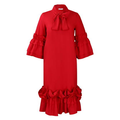 Damen Midi-Kleid Voluminöse Rüschenärmel Elegante Schleife