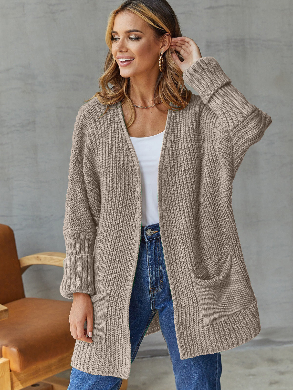 Damen Strickjacke Offene Front Große Taschen Eveloria