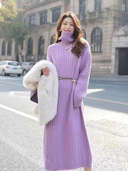 Damen Langkleid Strick Zopfmuster Hochkragen Eveloria