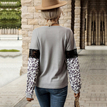 Damen Pullover mit floralem Muster und Spitzenärmeln Leopardenlook