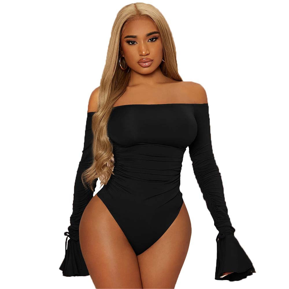 Damen Off-Shoulder Bodysuit Rüschendetails Lange Ärmel Eveloria