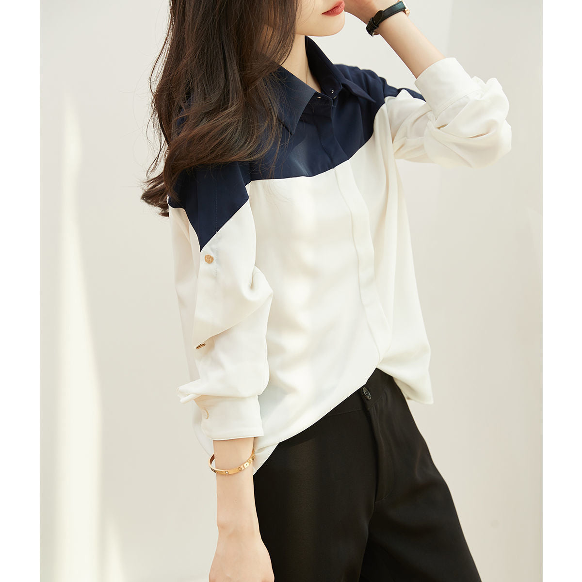 Damen Blusenshirt Farbblock-Design Eveloria