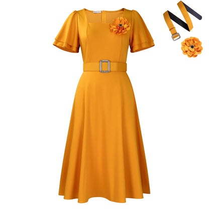 Damen Midi Kleid Geraffter Ausschnitt Breiter Gürtel Eveloria