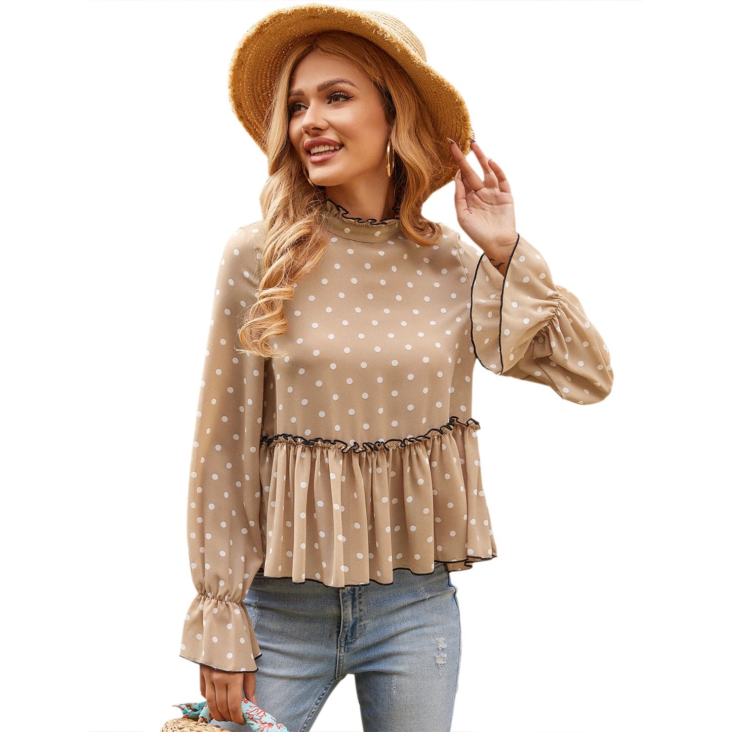 Damen Bluse Rüschen Punkte Eveloria