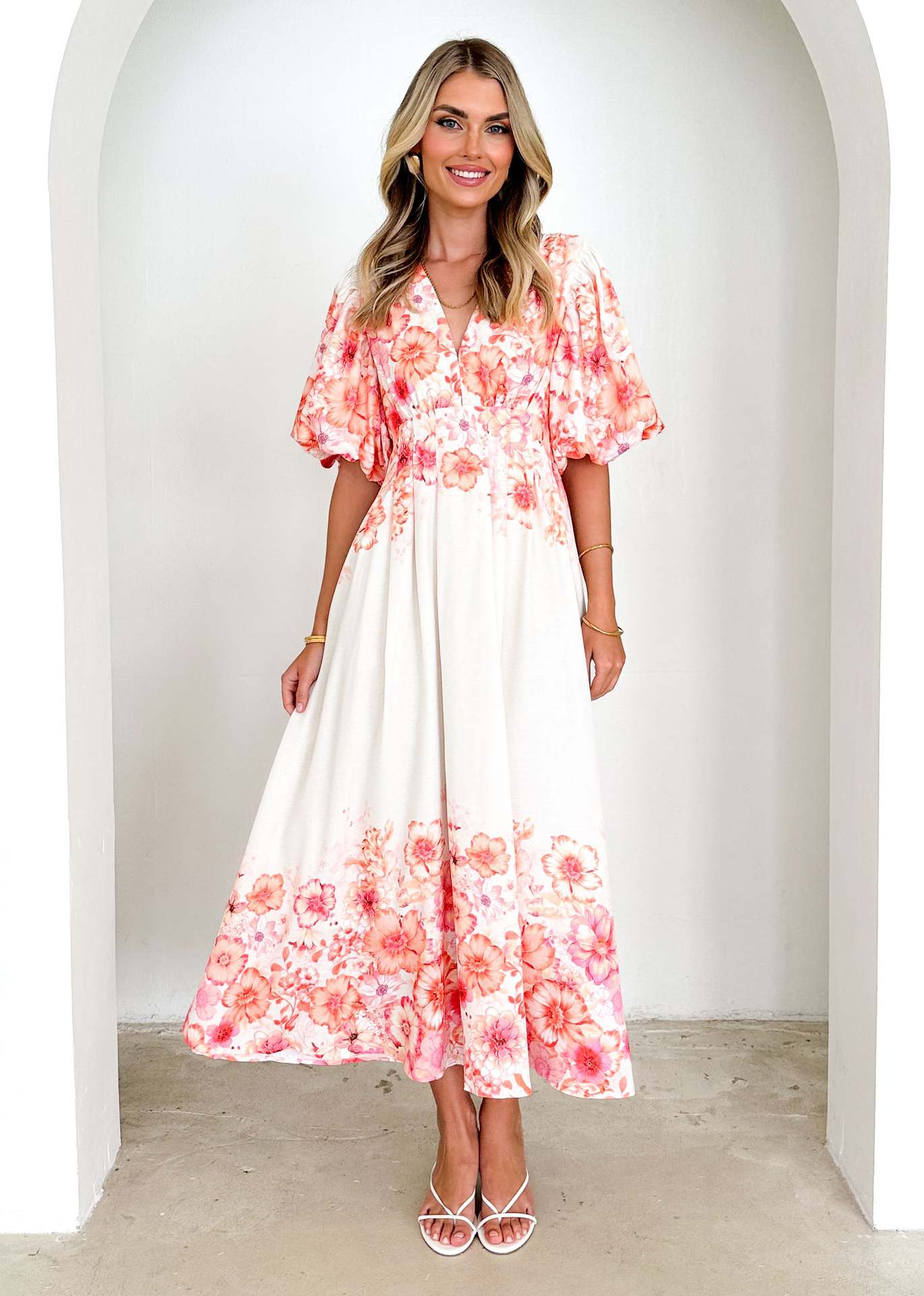 Damen Maxikleid Voluminöse Puffärmel Florales Design