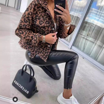Damen Leoparden-Jeansjacke Oversized Französische Säume Braun