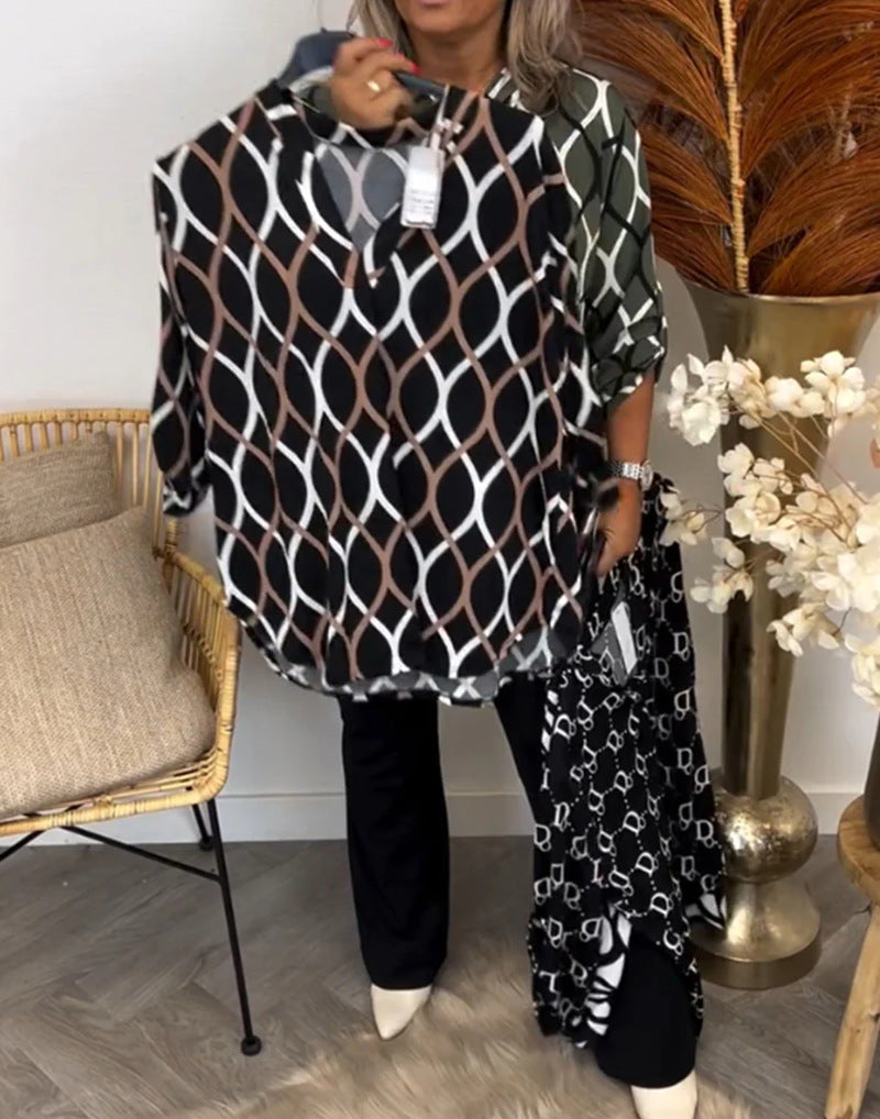 Damen Bluse Graphisches Muster Mit Taschen Eveloria