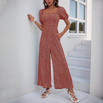 Damen Jumpsuit Elastischer Bund Puffärmel Eveloria