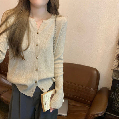 Damen Strickcardigan Elegantes Design Rippstruktur Beige