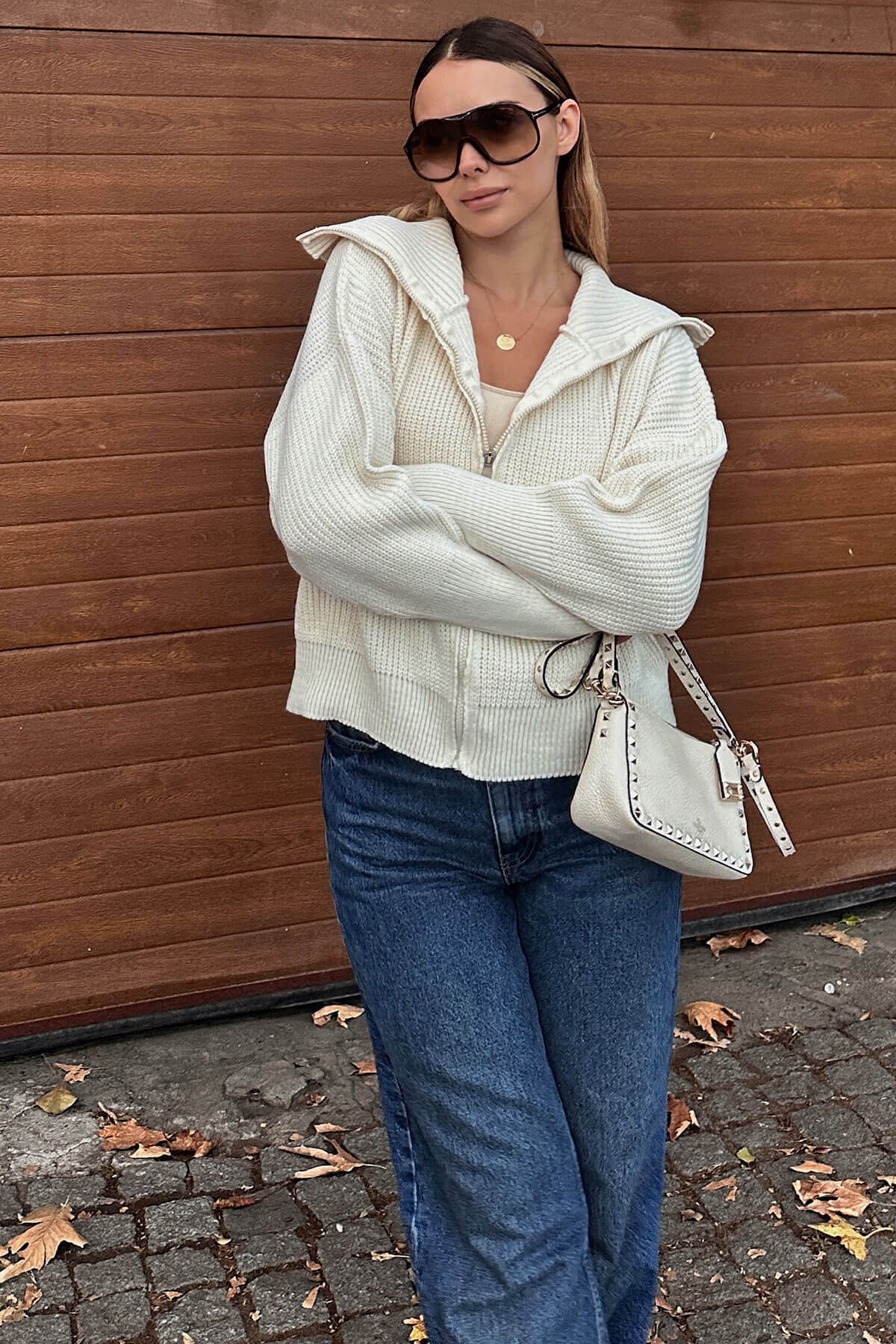 Damen Strickjacke Oversized Reißverschluss Hochkragen