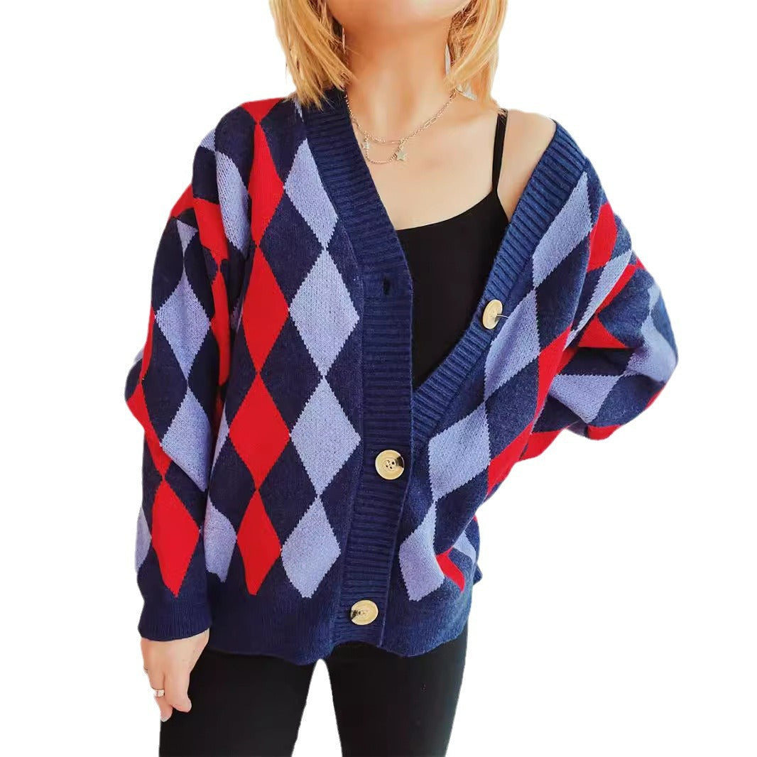 Damen Strickjacke Rautenmuster Große Knöpfe Eveloria
