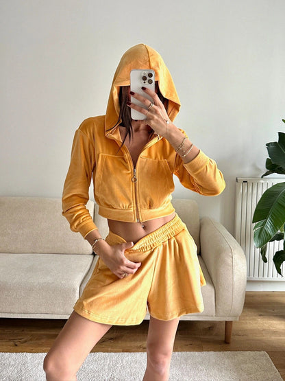 Damen Fleece-Set Cropped Hoodie Bequeme Shorts