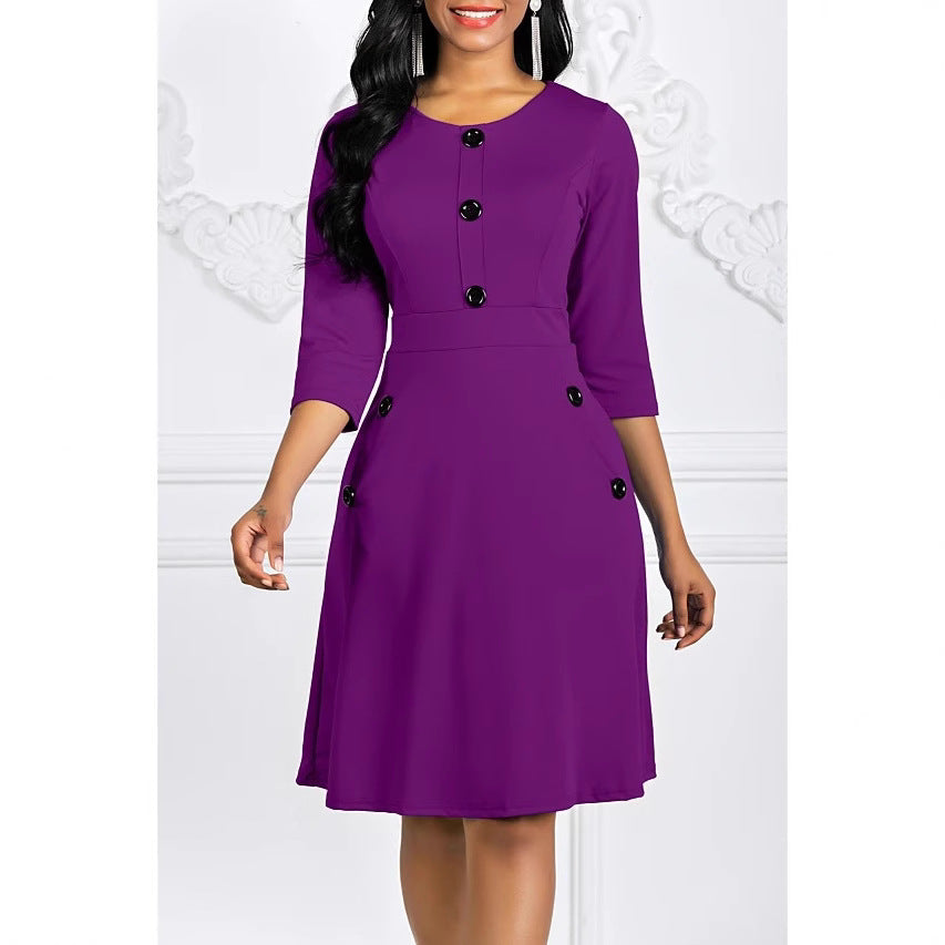Eveloria Damen Kleid Knieumspielend 3/4-Ärmel Schmuckknöpfe