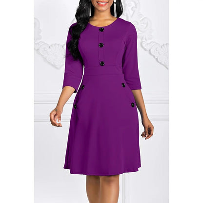 Eveloria Damen Kleid Knieumspielend 3/4-Ärmel Schmuckknöpfe