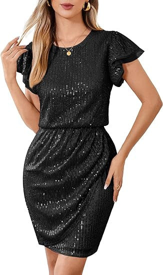 Damen Cocktailkleid Pailletten Voluminöse Rüschenärmel Eveloria