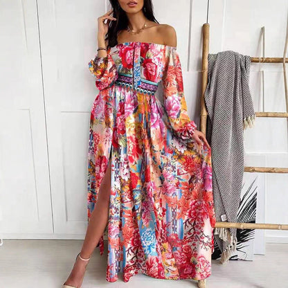 Damen Maxikleid Offene Schulter Barockmuster Eveloria