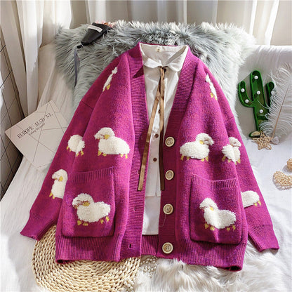 Damen Strickjacke mit Schafemotiv und Taschen