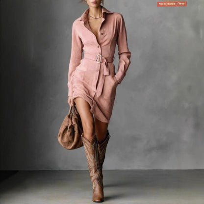 Damen Hemdblusenkleid Tailliert Gürtel Seitentaschen Eveloria