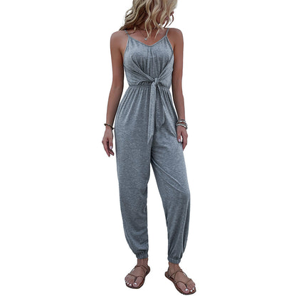 Damen Jumpsuit Sommer Elastischer Bund Mit Knoten Beige